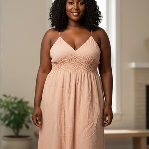 white birch Blush Pink Midi Dress with Lace Waist